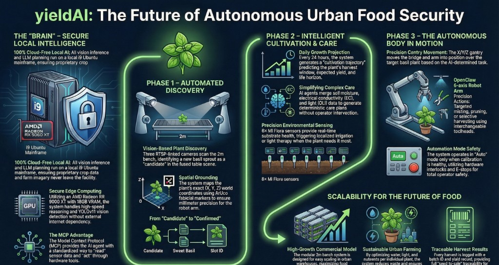 Product blueprint showing discovery, local intelligence, autonomous care, and harvest impact
