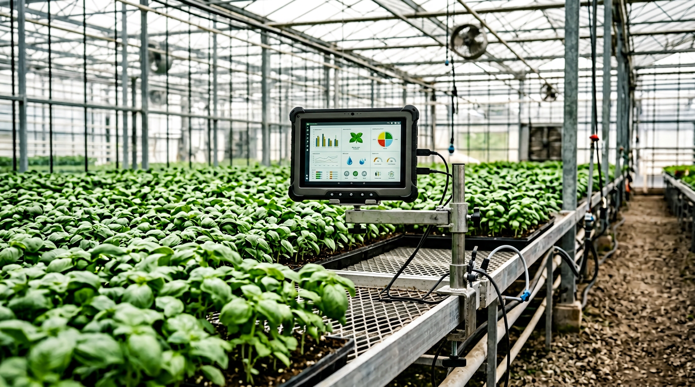 Monitor or tablet at the greenhouse bench showing plant status charts