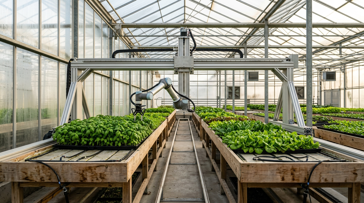 Glass greenhouse: retrofit aluminum gantry bridge and robot arm over a wooden basil bed