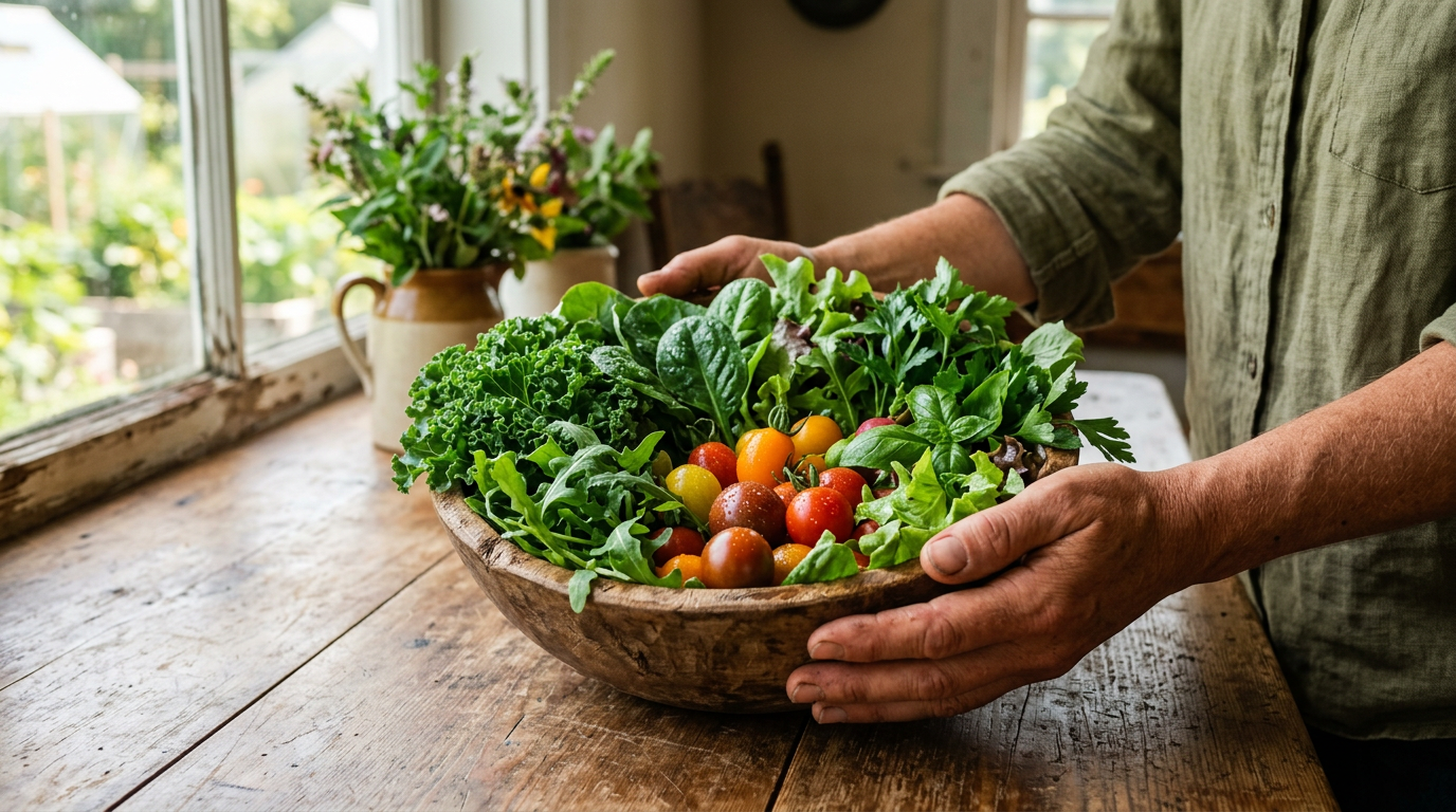 Fresh mixed greens and tomatoes in a bowl, farm-to-table mood