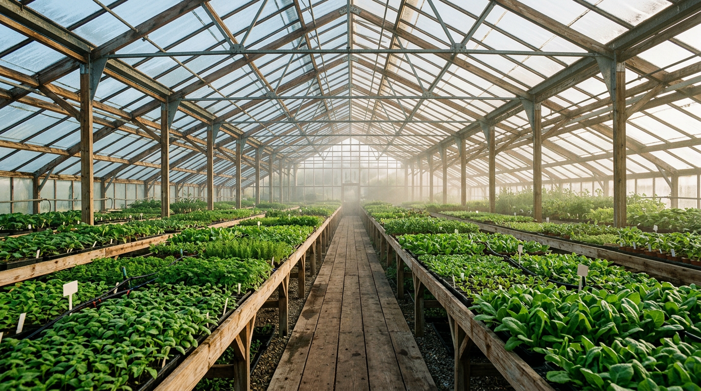 Wide view of a bright greenhouse aisle with benches and crops