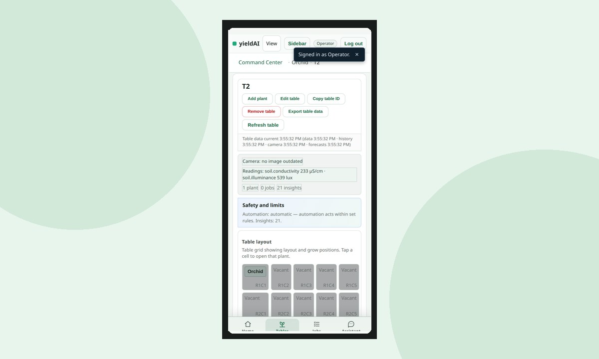 yieldAI mobile shell: Orchid T2 table with live soil readings and plant layout